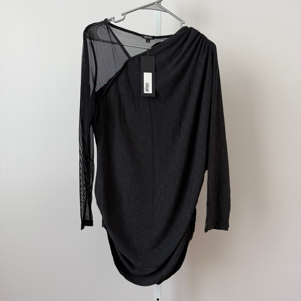 Michi‎ sz L Gray Mesh Asymmetrical Drape Long Sleeve Top NWT Lagenlook Witchy